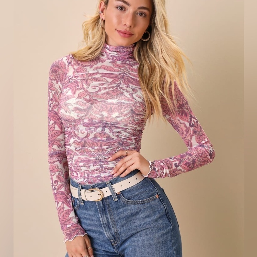 Free People X REVOLVE Under It All Bodysuit Ruched Long Sleeve Peony Combo XS